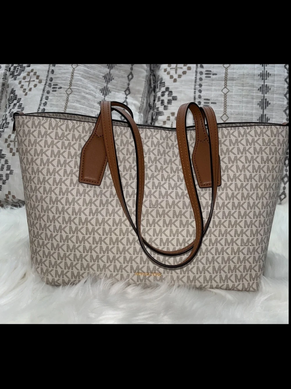 Michael Kors Beige MK Monogram Tote with Brown Trim and Straps